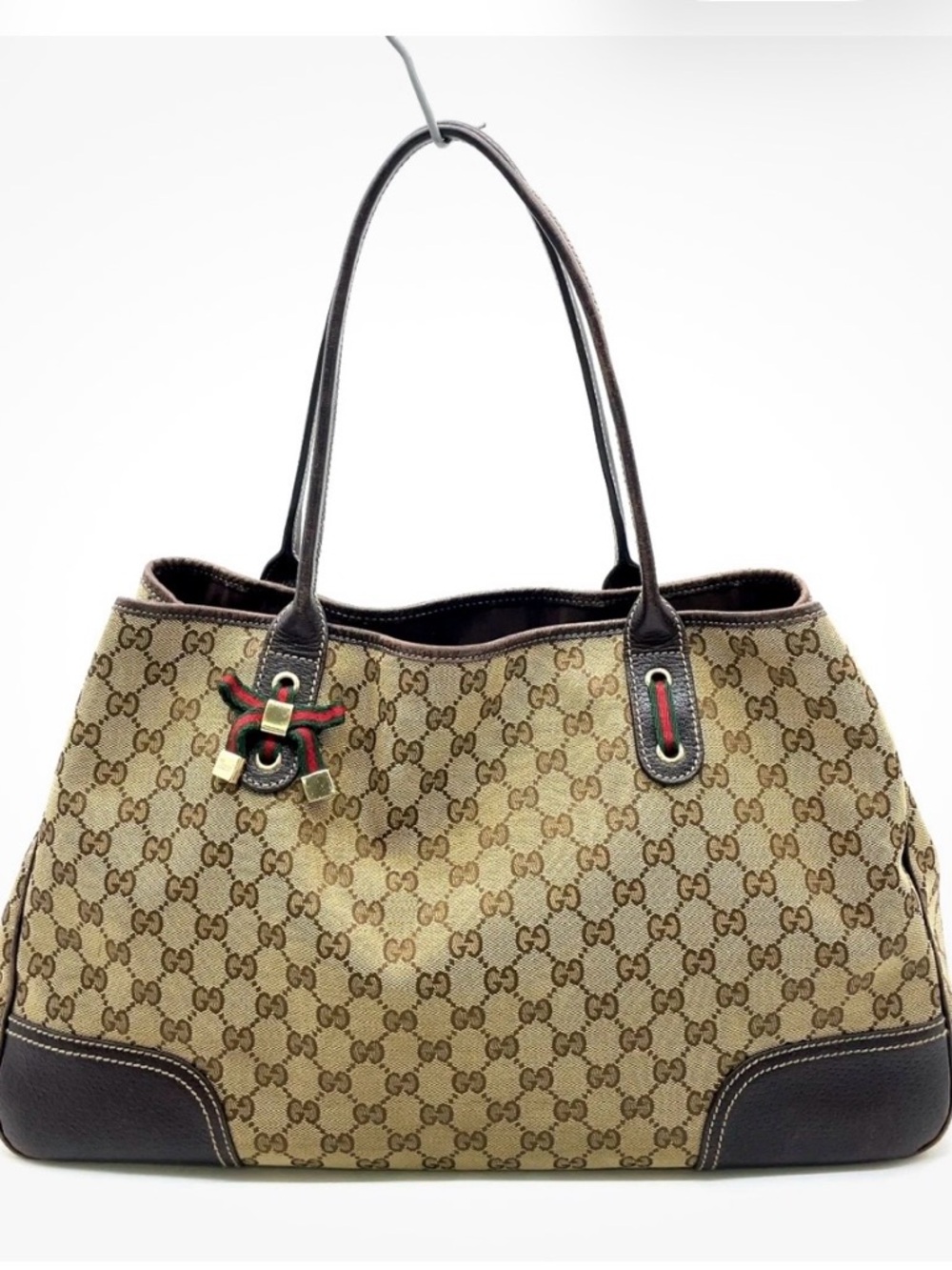 Auth Gucci GG Canvas Sherry Line Bow Beige Brown Tote Bag